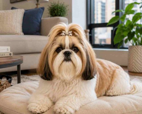 Shih tzu dog resting comfortably in a dog bed in an apartment living room