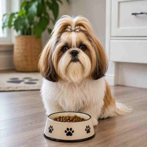 Shih tzu dogs it's patiently in front of his food bowl