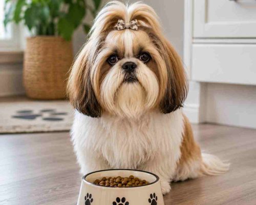 Shih tzu dogs it's patiently in front of his food bowl