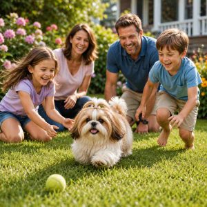 Shih tzu dog playing Fetch with his family
