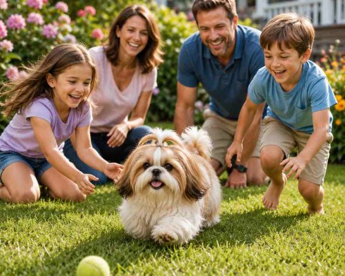 Shih tzu dog playing Fetch with his family