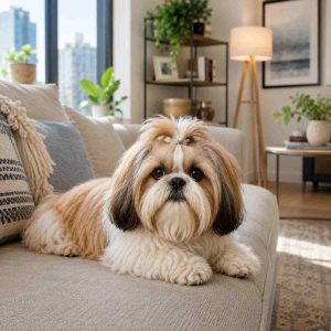 Shih tzu dog resting comfortably on a sofa