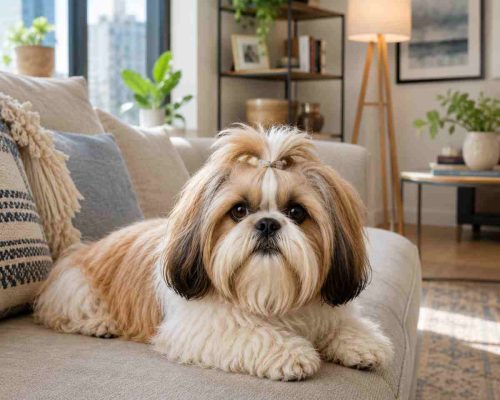 Shih tzu dog resting comfortably on a sofa