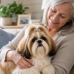Shih tzu dog cuddled up on a senior lady's lap