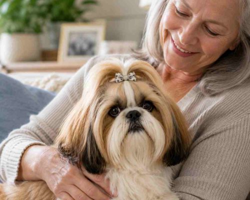 Shih tzu dog cuddled up on a senior lady's lap