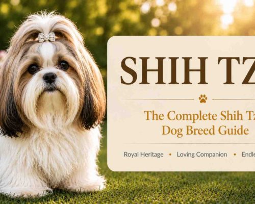 Shih tzu dog standing beside a sign that reads shih tzus, the complete dog breed guide