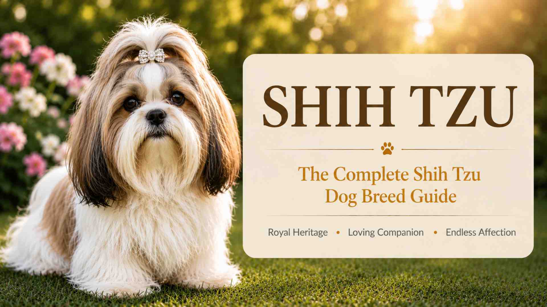 Shih Tzu standing beside a sign reading 'Shih Tzus – The Complete Dog Breed Guide'