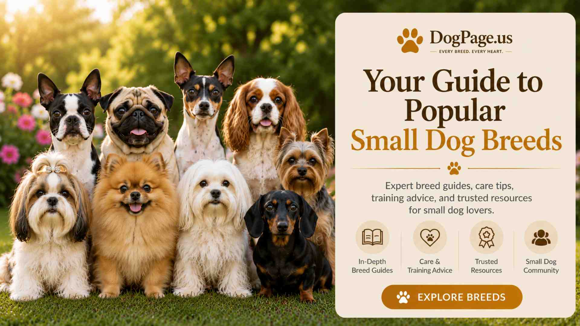 Small dogs beside a sign reading 'Your Guide to Popular Small Dog Breeds'