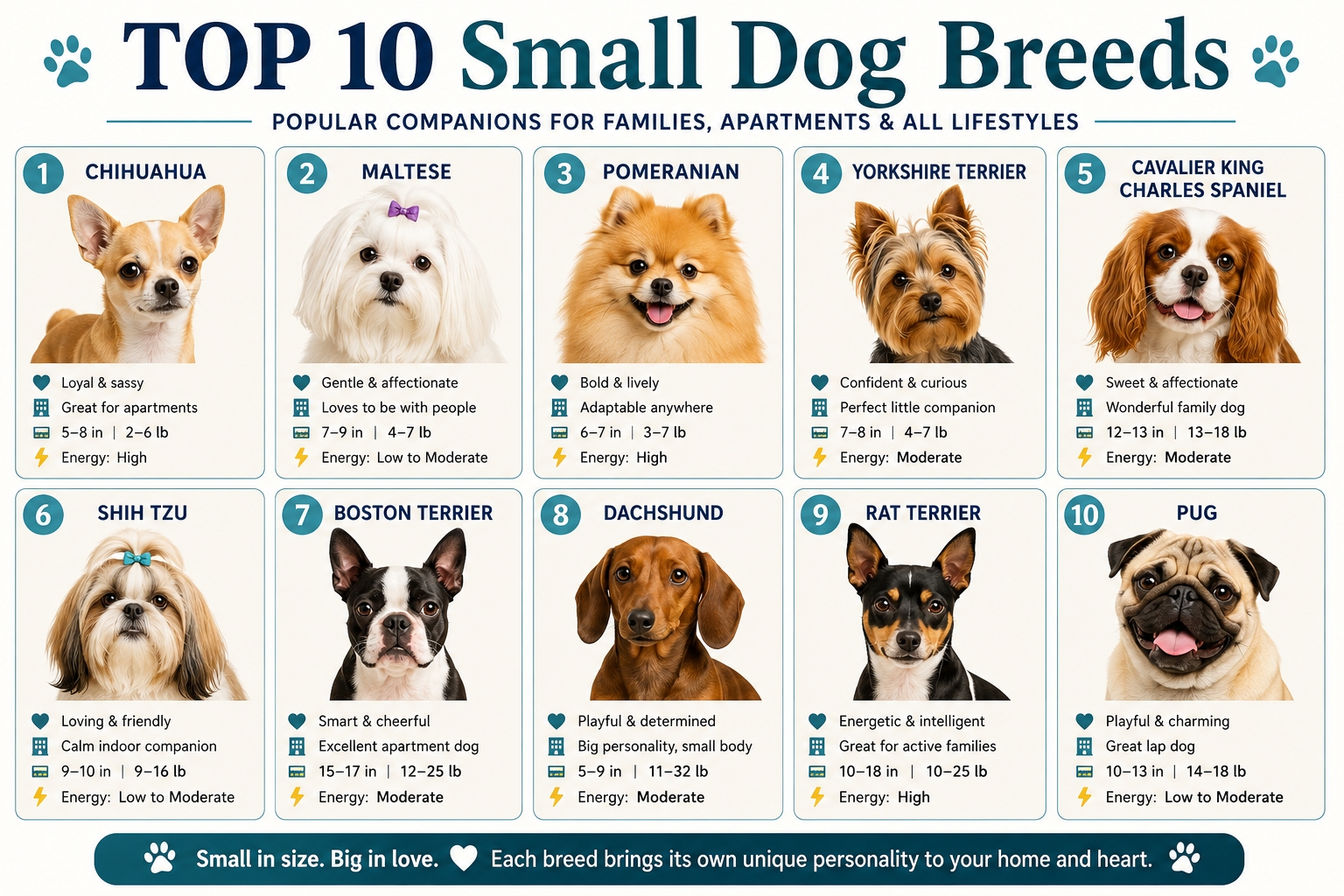 Infographic comparing the top 10 small dog breeds, including Chihuahua, Maltese, Pomeranian, Yorkshire Terrier, Cavalier King Charles Spaniel, Shih Tzu, Boston Terrier, Dachshund, Rat Terrier, and Pug