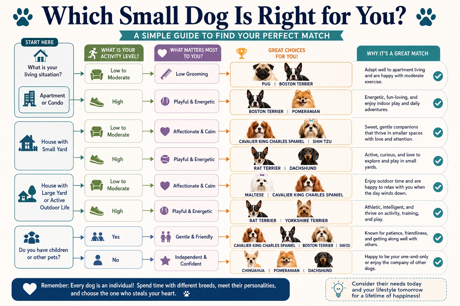 Decision guide infographic to help choose the right small dog breed based on lifestyle, apartment living, activity level, grooming needs, and family suitability