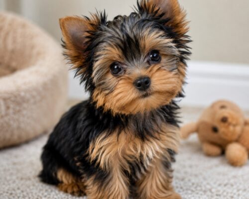 Yorkshire terrier puppy playing with toys