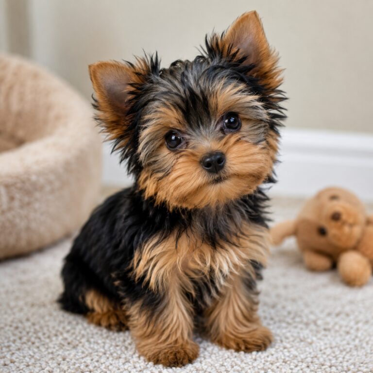 Yorkshire terrier puppy playing with toys