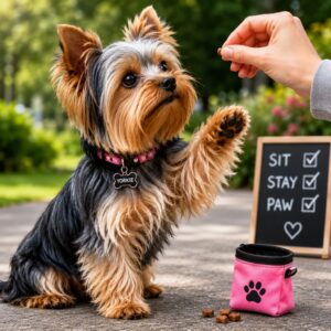 Yorkshire Terrier learning a training command