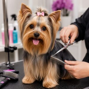 Yorkshire Terrier being groomed