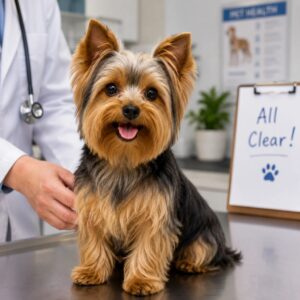 Healthy Yorkshire Terrier at a veterinary examination