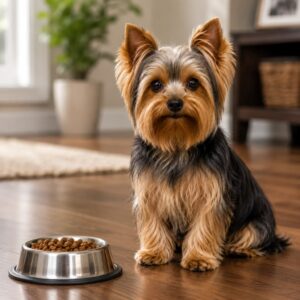 Yorkshire Terrier sitting patiently beside food bowl