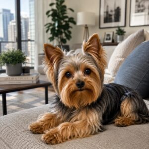 Yorkshire Terrier resting comfortably in an apartment living room