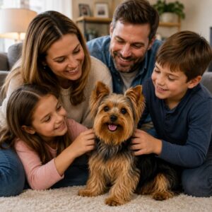 Yorkshire Terrier enjoying time with a family