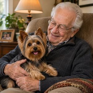Senior enjoying time with a Yorkshire Terrier companion