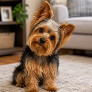 Yorkshire Terrier with a curious expression, head tilted to one side
