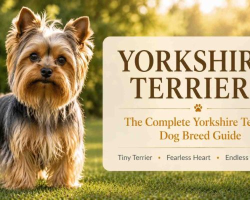 Yorkshire terrier dog standing beside a sign that reads yorkshire terriers, the complete yorkie dog breed guide