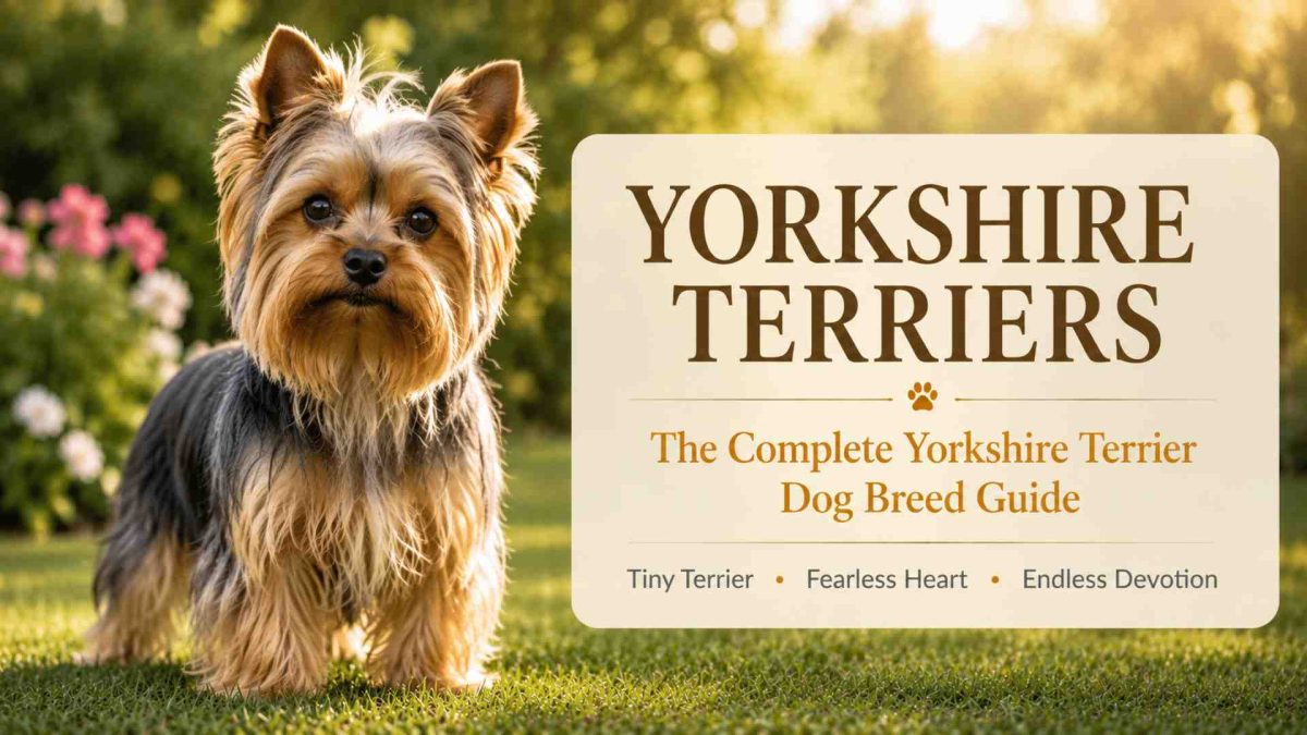 Yorkshire terrier dog standing beside a sign that reads yorkshire terriers, the complete yorkie dog breed guide